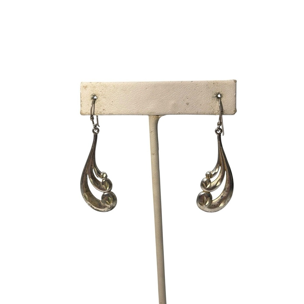 Vintage Sterling Silver 925 Swirling Embossed Details Pierced Dangle Earrings